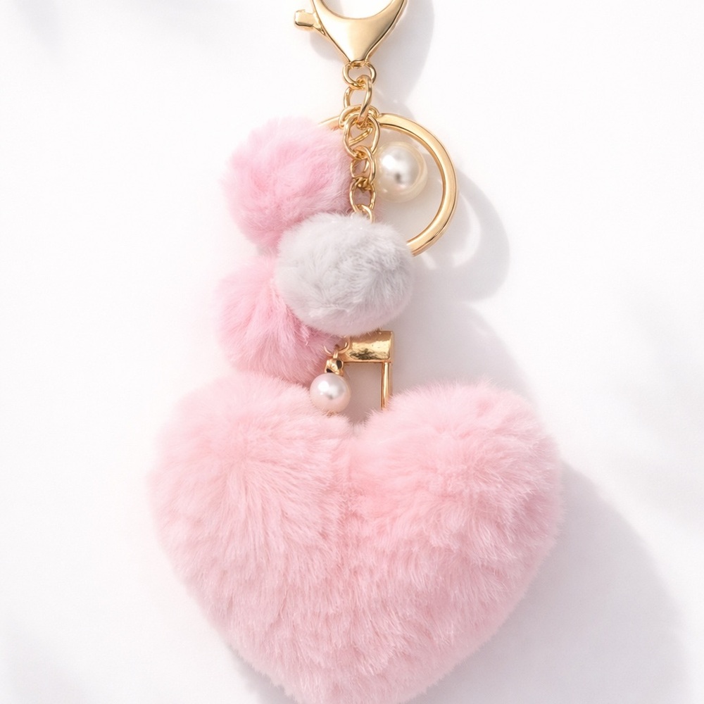 Handmade Pink Heart Pom-Pom Keychain bag Charm with Faux Fur and Pearl Accents
